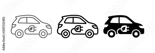 Three of an electric car with a leaf and plug symbol in outline and solid black styles, isolated on a white background for