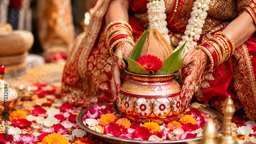Close-up of a traditional indian wedding offering plate with flowers