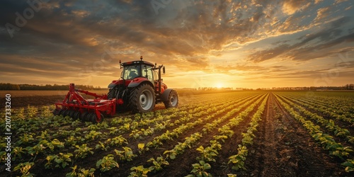 Red agricultural tractor working in a large green crop field during a golden hour sunset with dramatic clouds