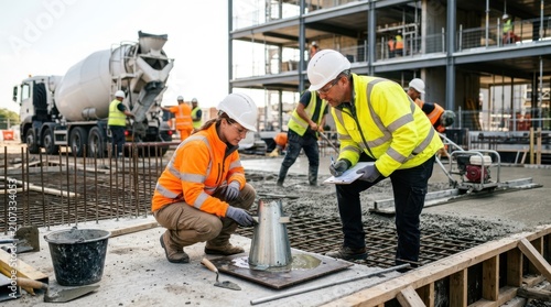 Construction engineers testing low-carbon concrete beside a slump cone, rebar cage, screed, and ready-mix truck on a modern building site