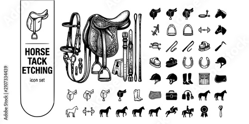 Photos Horse Tack Collection Etching Black White-Saddle Bridle Stirrup Iron Classic-Equ