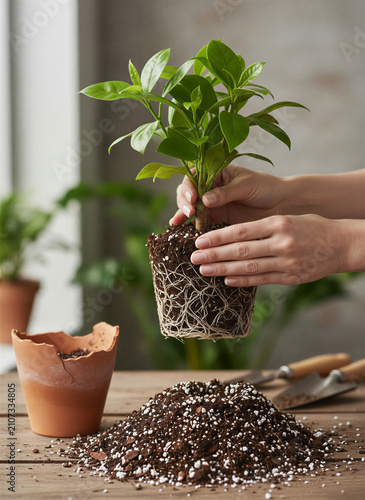 Planting a young green plant in potting soil indoors  