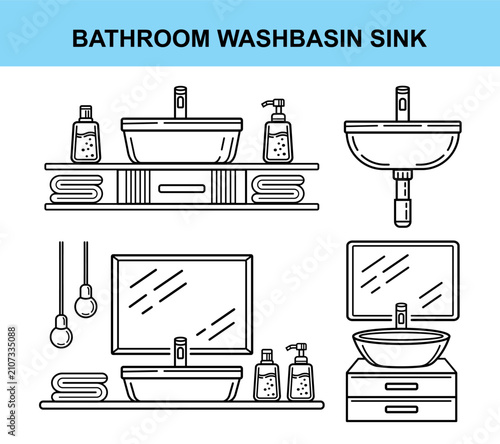 Fotografi Bathroom sink washbasin, washroom wash basin with water faucet, mirror icon