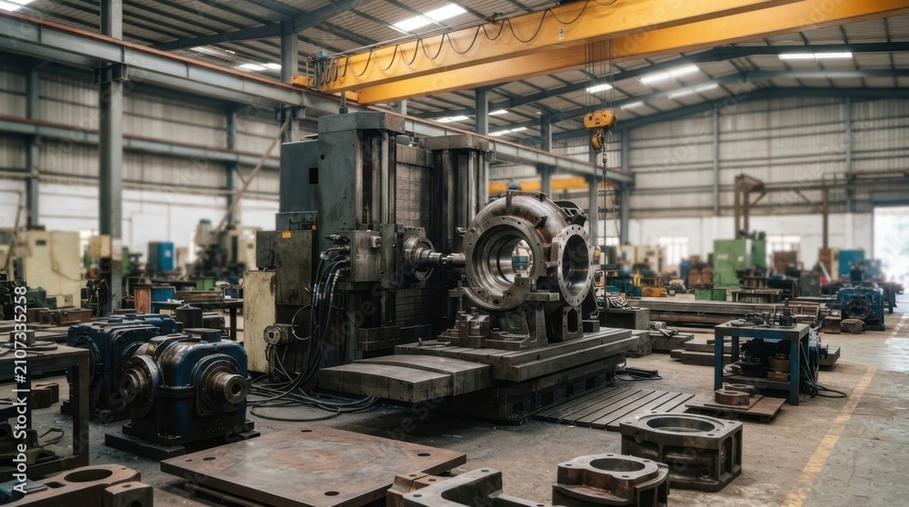 Fototapeta premium Heavy manufacturing workshop in India with machining center, gearboxes, turbine casing, overhead crane, and steel plates