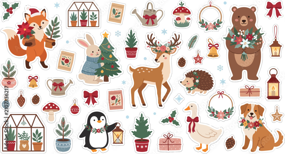 Naklejka premium Cute hand drawn christmas collection with forest animals plants and holiday decorations isolated on a white background for festive design