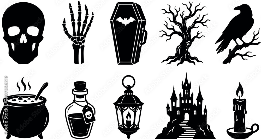 Naklejka premium Halloween spooky horror icons set for scary party decorations and seasonal events.