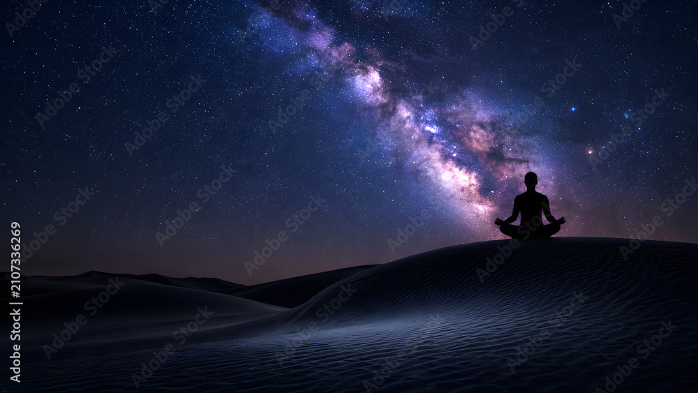 Fototapeta premium Yoga meditation in the desert at night beneath the milky way