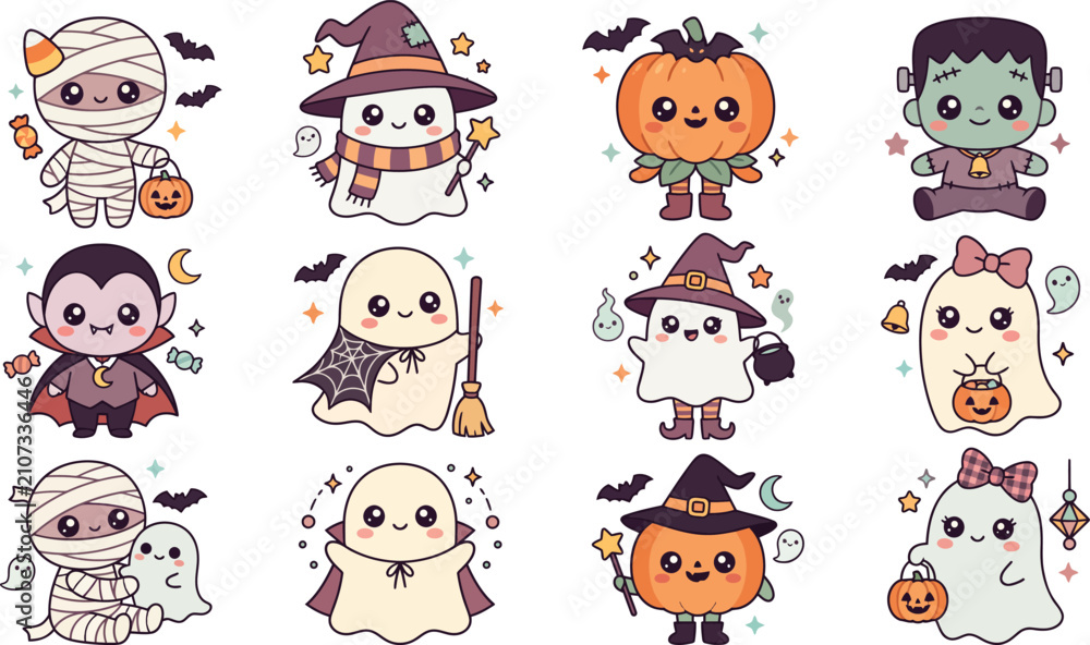 Obraz premium Set of cute kawaii halloween characters including mummy vampire ghost pumpkin witch and frankenstein monster for festive holiday sticker design projects