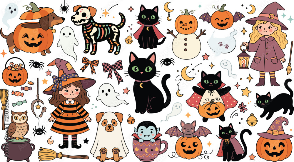 Obraz premium A collection of cute hand drawn halloween elements featuring little witches black cats pumpkins ghosts and spooky festive holiday decorations