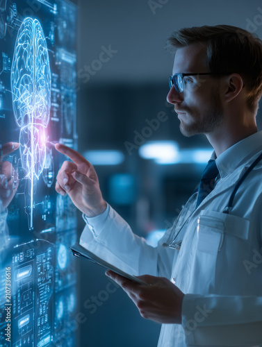 Doctor analyzing human brain with artificial intelligence technology