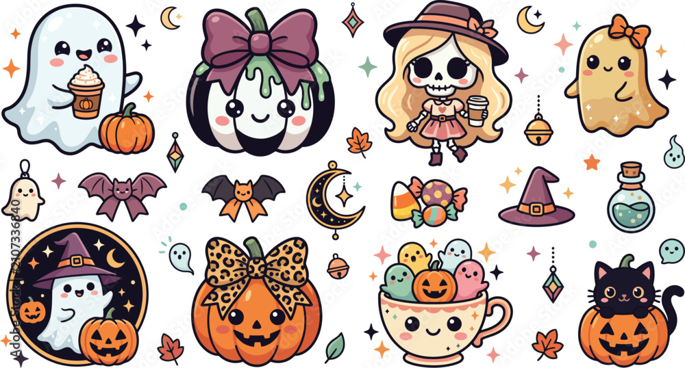 Fototapeta premium Cute kawaii halloween stickers set featuring ghosts pumpkins witch cat and magical elements perfect for scrapbooking and seasonal holiday party decorations