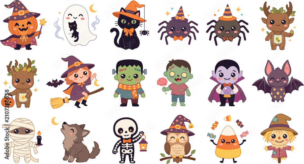 Fototapeta premium A collection of cute cartoon halloween stickers featuring various spooky characters like ghosts pumpkins witches vampires and monsters on white background