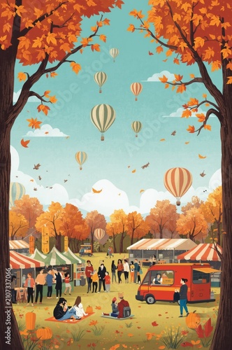 Vibrant autumn festival scene with hot air balloons floating above people visiting stalls and food trucks outdoors