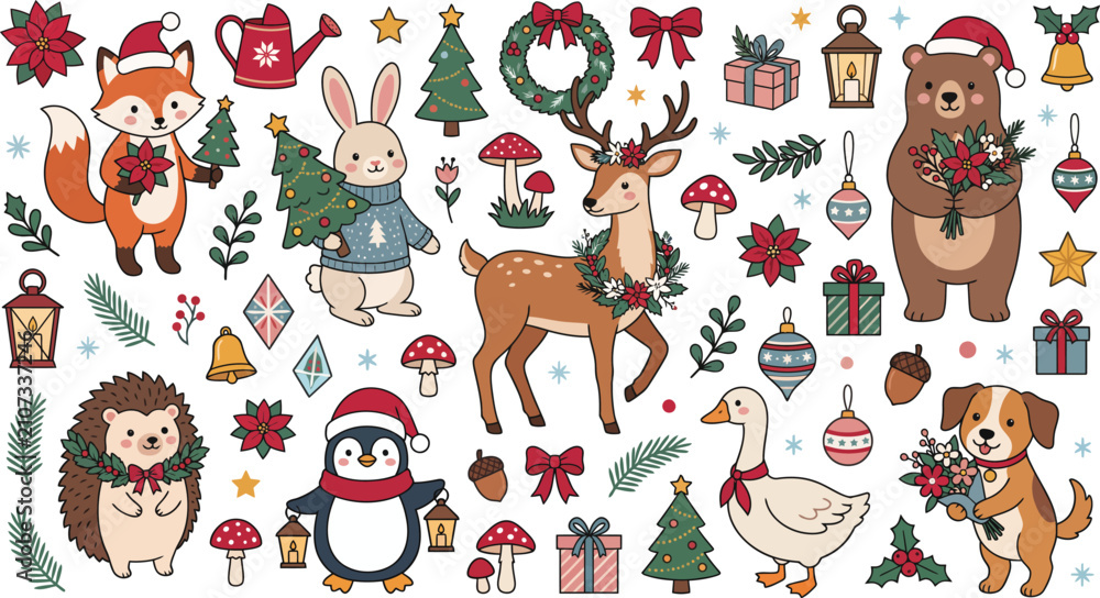 Obraz premium Cute hand drawn christmas animals collection including deer fox bear penguin hedgehog and dog with festive decorations on white background