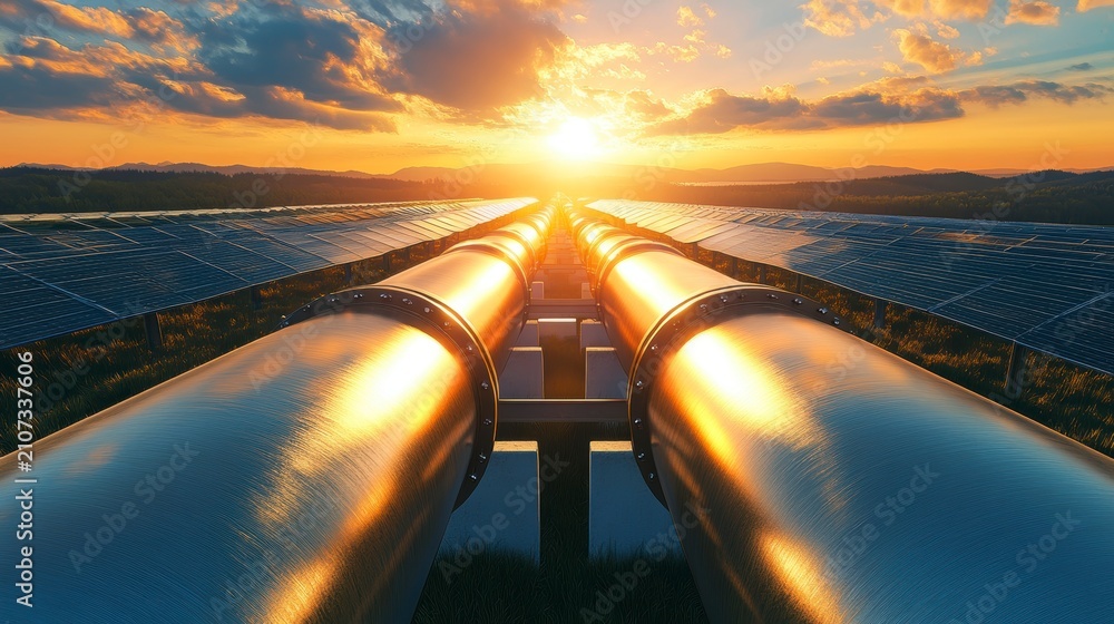 Obraz premium Sunset over solar panels and pipelines, signifying clean energy transition.
