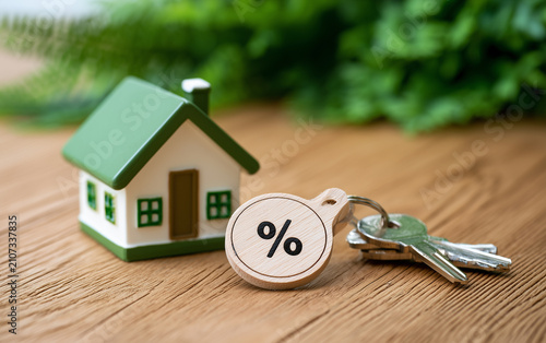 Fotografija Miniature house with percentage tag symbol representing mortgage interest rates