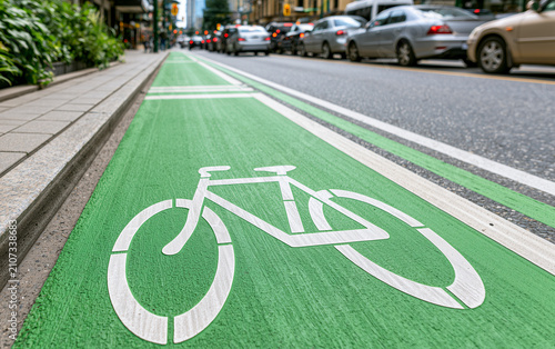 Vibrant green urban bicycle lane with a white painted bike symbol, alongside a busy street with blurred cars and greenery