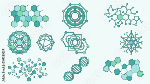 科学的な研究や教育のプレゼンテーションに適した、化学構造式や分子モデル、DNAの螺旋構造、六角形のハニカムパターンをモチーフにした、淡い緑色のフラットデザインのベクターアイコンセット。