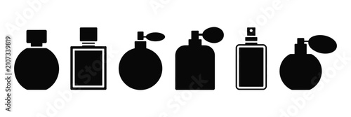 Foto Perfume bottle icon with fragrance spray, atomizer bottle, outline and solid sil