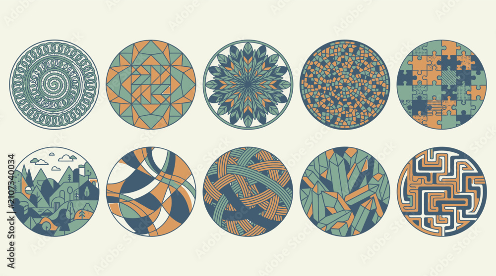 Fototapeta premium Zestaw dziesięciu okrągłych ikon z geometrycznymi wzorami, abstrakcyjnymi kształtami, motywami przyrodniczymi, labiryntem i puzzlami w stonowanej kolorystyce błękitu i pomarańczu.