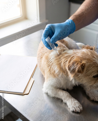 Veterinary technician applying spot-on flea and tick prevention to dog on clinic exam table
