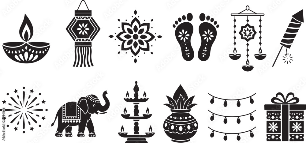 Fototapeta premium Diwali festival black icon set with traditional indian holiday elements