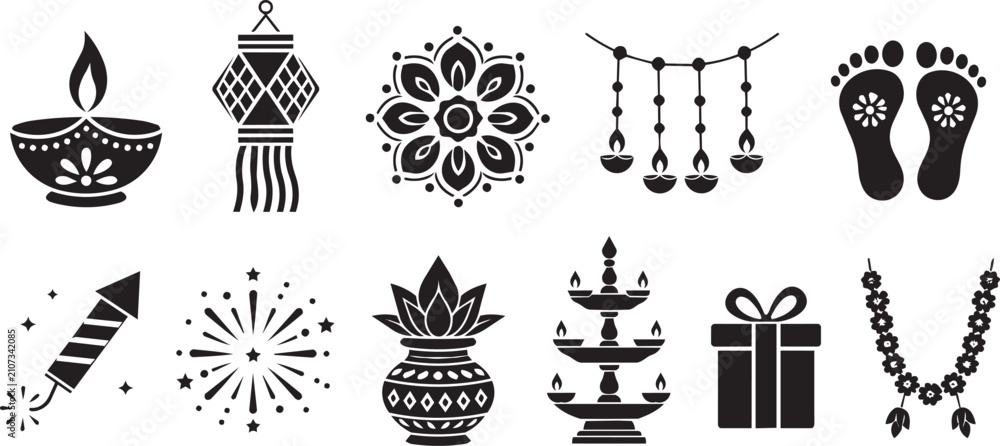 Fototapeta premium Diwali festival icon set with diya lamp and decorations