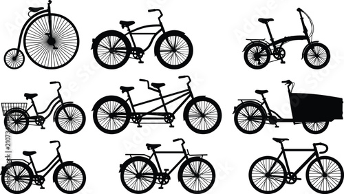 Diverse bicycle collection silhouettes set featuring penny-farthing cruiser folding tandem cargo city and road bikes isolated on white background