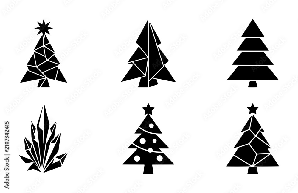 Fototapeta premium 70 Geometric Christmas Tree Icons, Modern Festive Vector Illustrations, Abstract Winter Holiday Symbols, Set of Six Black and White Graphic Elements 100