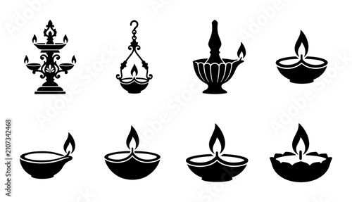 Canvastavla 70 Traditional Indian Oil Lamps, Decorative Diya Icons Set, Festive Celebration
