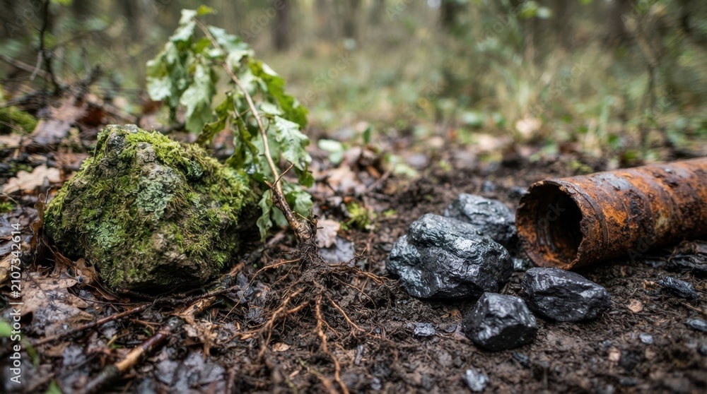 Fototapeta premium Mossy rock, uprooted sapling, coal ore, and rusty drill core on damp soil symbolizing mining impact, habitat loss, and land degradation.