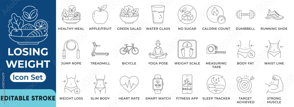 Naklejka premium Losing weight and healthy lifestyle icons set. Diet and fitness line icons. Editable scale, measuring tape, dumbbell and smartwatch. Vector illustration
