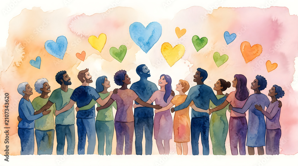 Obraz premium Watercolor painting of diverse group of people embracing with floating heart
