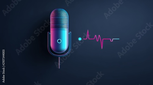 3D stylized microphone with glowing neon blue and pink lighting and heartbeat pulse line for podcast, broadcast, and audio design.