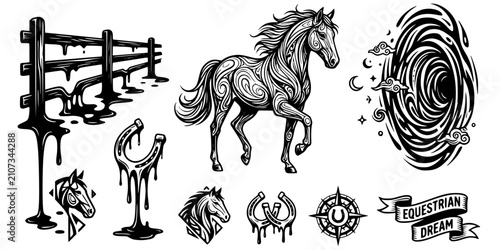 Quadro su tela Equestrian Dreamscape Surreal Black White-Melting Fence Horseshoe Float Portal-S
