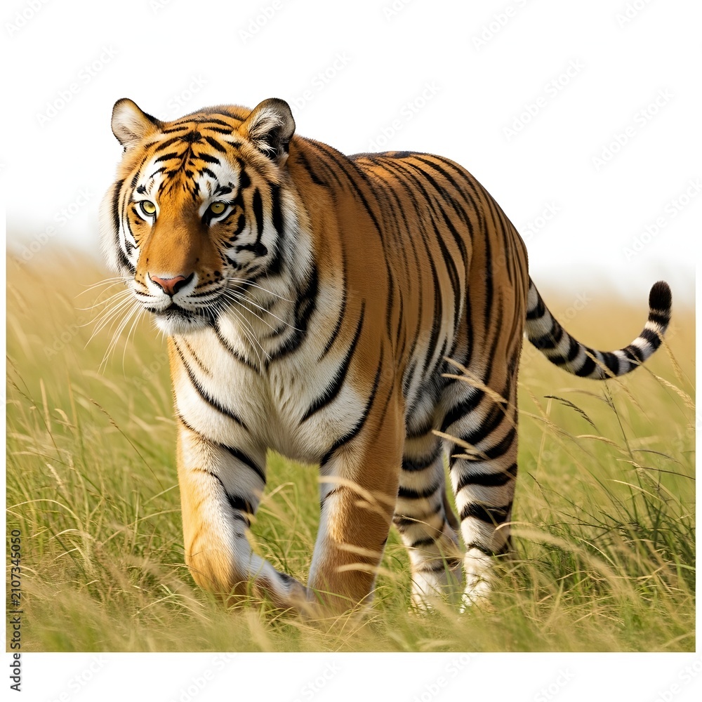 Obraz premium Majestic tiger walking through tall grass. Large wild cat prowling in the savanna habitat.