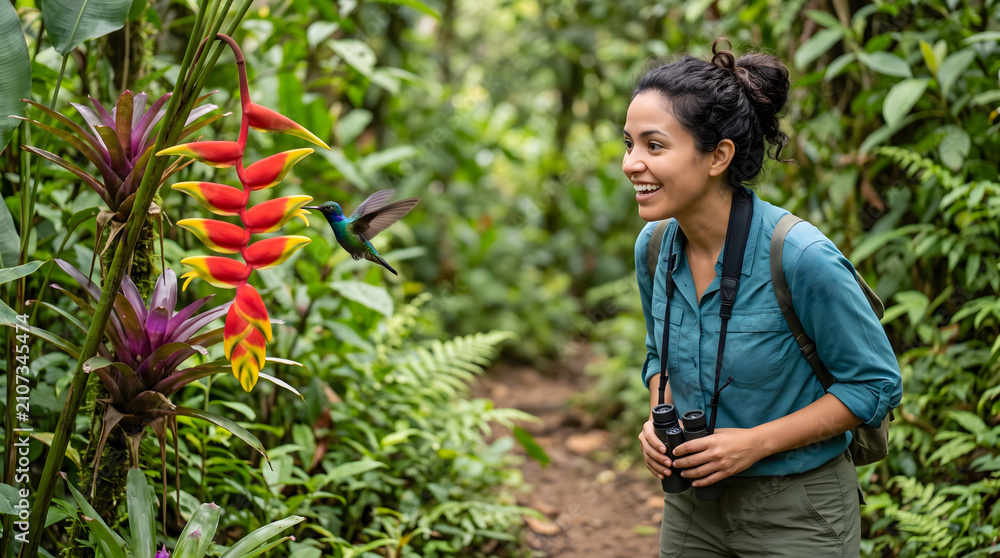 Obraz premium Woman watching hummingbird in lush rainforest nature