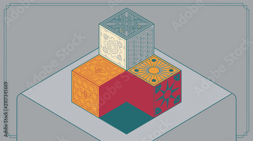 Eine isometrische Illustration mit drei bunten, gemusterten Würfeln, die auf einer quadratischen Plattform in einem minimalistischen, flachen Design-Stil angeordnet sind.