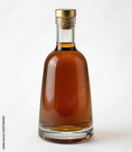 Glass bottle with amber whiskey or rum spirit