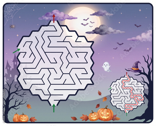 Halloween-themed maze with pumpkins and ghost on night background  