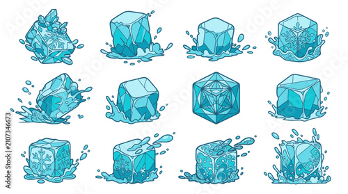 Eine Sammlung von illustrierten Eiswürfeln mit spritzendem Wasser, die in verschiedenen Winkeln und Formen dargestellt sind, isoliert auf einem weißen Hintergrund für kreative Designs.