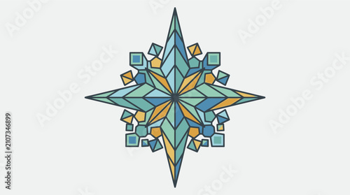 Ein geometrisches Sternsymbol mit komplexen Facetten in Blau-, Türkis- und Gelbtönen auf einem hellgrauen Hintergrund, das ein modernes und abstraktes Design darstellt.