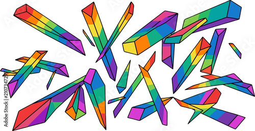 Eine abstrakte Komposition aus bunten, regenbogenfarbenen geometrischen Prismen und kristallinen Formen, die auf einem weißen Hintergrund schweben.