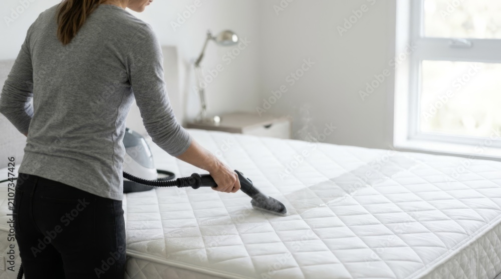 Obraz premium Woman steam cleaning a mattress with a handheld steamer in a bright bedroom, promoting hygiene and cleanliness