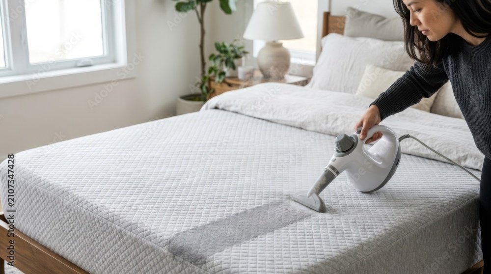 Obraz premium Woman sanitizing mattress with handheld steam cleaner, creating a moist trail for hygiene and home care