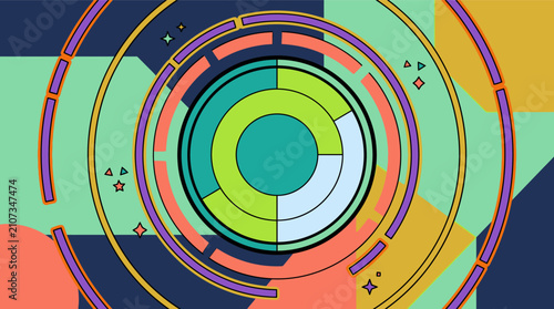 Abstrakter Hintergrund mit bunten konzentrischen Kreisen und geometrischen Formen in einem modernen, flachen Designstil für digitale Grafiken und Präsentationen.