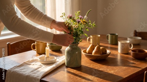 Retro Comfort Domestic Ritual With Flowers Warm Light And Calm Mood