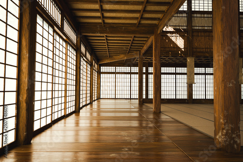 3D rendering of the interior of a traditional Japanese dojo bathed in warm light