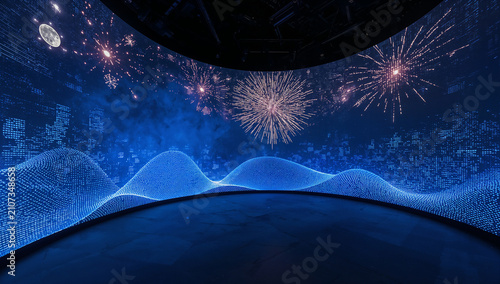 未来的なディスプレイに青い光のグリッドやデータストリームと共に投影される3Dホログラム花火
