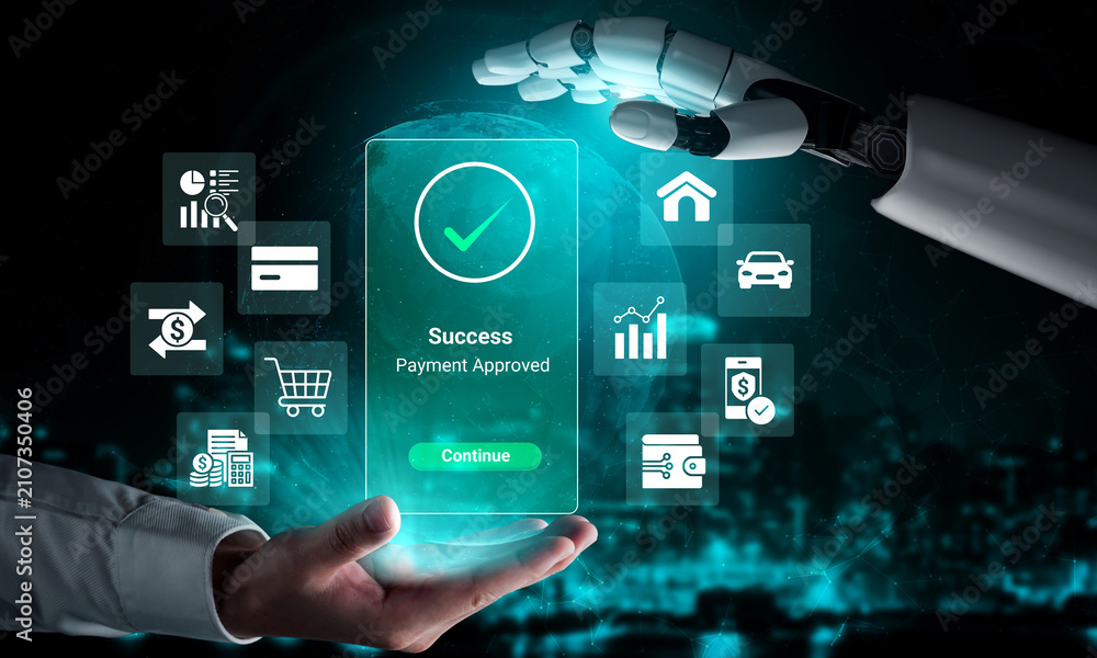 Fototapeta premium Futuristic Interface for Payment Approval with Robot Hand Interacting with Touchscreen Display, Reflecting Technology and Innovation in Digital Transactions. Glyphic.
